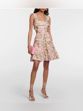 ALEMAIS Maia Cutout Linen Floral Mini Dress NWT Pink A-Line Ruffle Summer Resort